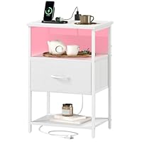 Somdot Bedside Table with Charging Station and LED Light, Small Bed Side Table for Bedroom Dorm Kids Room Closet, 1 Drawer Bedside Cabinet with 2 Outlets and 2 USB Ports, White Leather