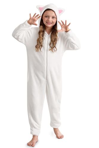 BesserBay Big Kids Halloween Fuzzy Cozy Costume Cat Animal Hooded Flannel Jumpsuit White 14 Years