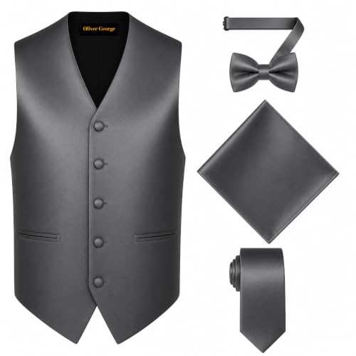 Image of Oliver George 4pc Men's Solid Formal Suit Waistcoat Tuxedo Dress Vest Necktie Bowtie Handkerchief Set for Suit or Tuxedo