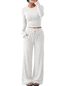 Trendy Queen Damen 2-teiliges passendes Lounge-Set, langärmelig, leicht bauchfreies Oberteil, weites Bein, Hose, lässiger Sweatsuit, Hafergrau, M