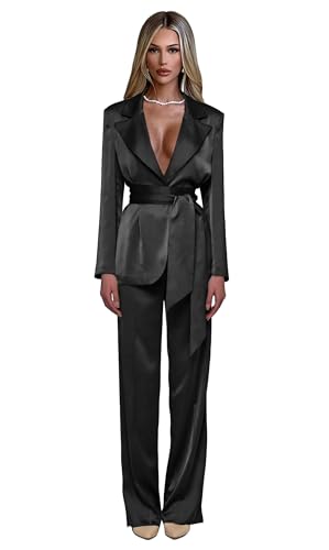 Silk Satin Pant Suits for Women 2 Piece Womens Tuxedo Suit Set with Belt Casual Work Womens Suits for Wedding