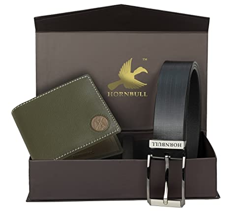 HORNBULL Gift Set for Men | Olive Wallet and Black Belt Men's Combo Gift Set | Leather Wallets for Men | Mens Wallet BWN104165