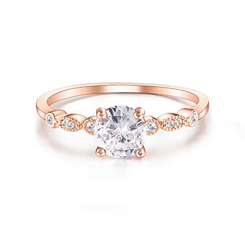 LadayPoa 6.5mm Round Cubic Zirconia Engagement Ring Wedding Ring 14k Rose Gold/Silver Plated Milgrain Band Ring for Women