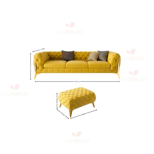 Image of 4 Seater Sofa Set Modern Classic Chesterfield Style Fabric Velvet with Pillows for Living Room, Bedroom and Office and Hallway Colour (3+1+OTTO Yellow FC)