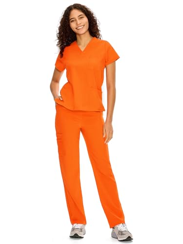 COZYFIT Scrubs for Women Set Medical Uniform - V-Neck Top & Straight Leg Pants with 9 Pockets Unisex Workwear COZY SCRUBS Orange M