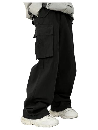 OYOANGLE Boy's Baggy Cargo Pants Flap Pocket Straight Leg Jogging Pants Solid Athletic Casual Trousers Black 11Y