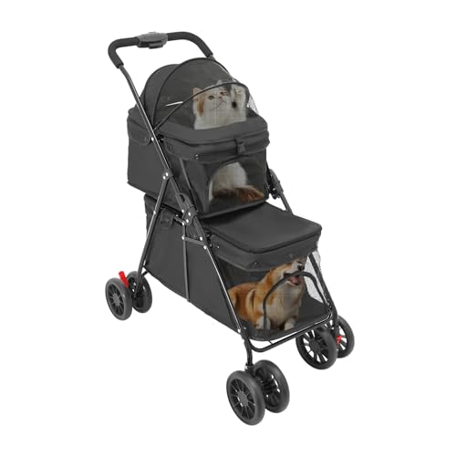 Passeggino doppio per cani 2 in 1 per animali domestici, pieghevole, portata 15 kg – 20 kg, doppio ponte per cani con custodia (nero)