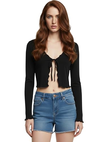 Image of GLOWSTITCH Women's Cropped Tie-Front Shrug Cardigan | Soft Ribbed Knit Long Sleeve V-Neck Top | Stylish Summer Cardigan, Casual Beach & Vacation Wear | Shrug for Woman