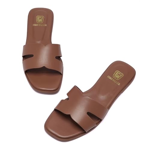Image of FW FRAN WILLOR Women's Flat Sandals Dressy Comfortable Slide Sandals Fashion Square Open Toe Slip On Beach Sandals for Summer