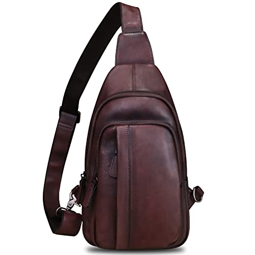 IVTG Genuine Leather Sling Bag Crossbody Casual Hiking Daypack Vintage Handmade Chest Shoulder Backpack Motorcycle Cycling Purses (Coffee)2