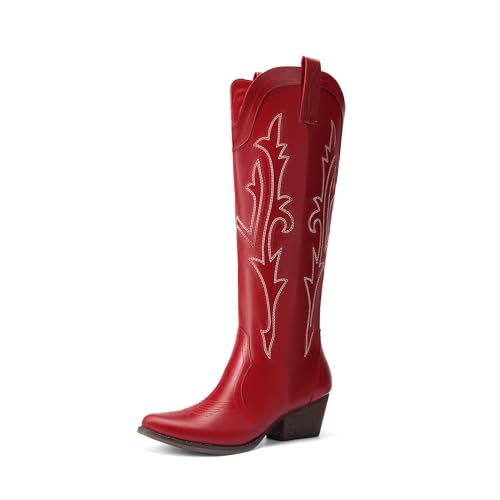 Image of DREAM PAIRS Women's Embroidered Western Pull-On Knee-High Cowboy Boots