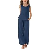 TYUSGH Conjunto de 2 piezas de chaleco de algodón y lino y pantalones de pierna ancha para niñas, ropa de verano para vacaciones, adolescentes, atuendo casual para la playa, azul marino, 11-12 años