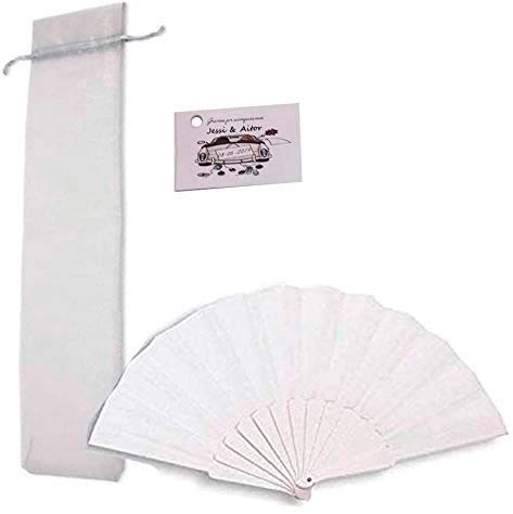Lote de 24 Abanicos Boda para Invitados Baratos Blancos Plegables con Bolsa de Organza Blanca y Tarjetas Personalizadas. Detalles para Regalar en la Iglesia a los Invitados