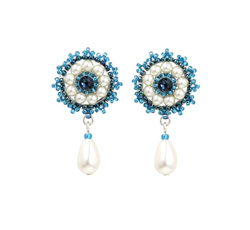 Handmade Blue Beads and Crystal Pearl Silver Stud Beaded Earrings