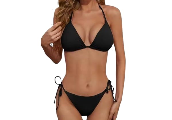 Women's Triangle Bikini Set, Black, Polyester, Halter Neck Top with Tie Side Bottom, 2 Piece,One Bra,One Panty