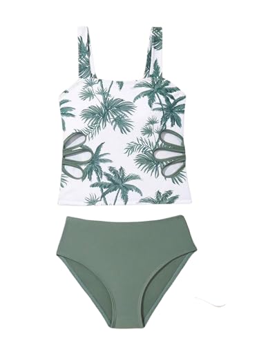 MakeMeChic Girl's Swimsuit Tankini Tropical Print Cut Out Wide Strap Girls Bathing Suits Size 10-12