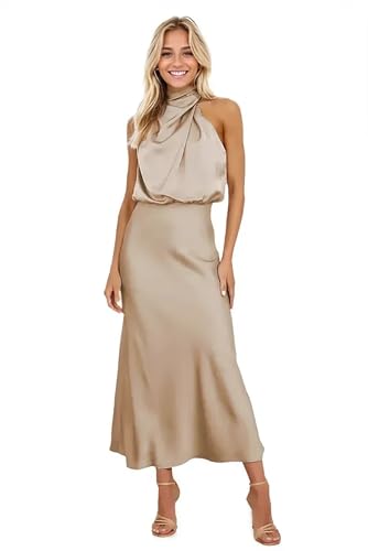 Image of Alidamo Satin Summer Formal Dress for Women Sleeveless Wedding Guest Cocktail Party Dresses Date Night Cream XL