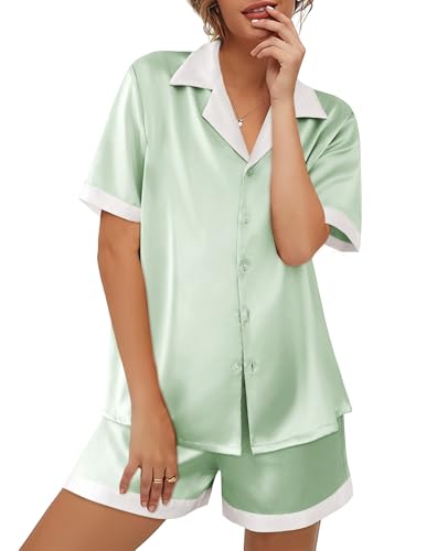 Image of Ekouaer Womens Silk Satin Pajama Set Short Sleeve PJs 2 Piece Button Down Top and Shorts Notch Collar Sleepwear Sets Soft Pjs | Soft sleepwear with pockets, botton down lounge sets, ideal for Home relaxation, Wedding, Party, Daily Wear & Breastfeeding