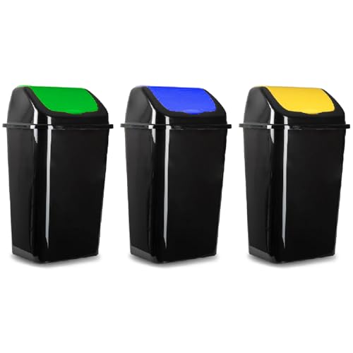 Acan Tradineur - Set de 3 Cubos de Basura con Tapa basculante para Reciclaje - Fabricado en plástico - Capacidad: 30 litros - Reciclaje para Papel, Vidrio, Metal/Plástico - 59 x 40 x 33 cm