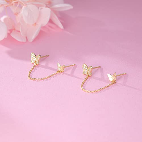 Reffeer Solid 925 Sterling Silver Double Holes CZ Butterfly Chain Stud Earrings Two Butterfly Cuff Climber Earrings for Women Teen4