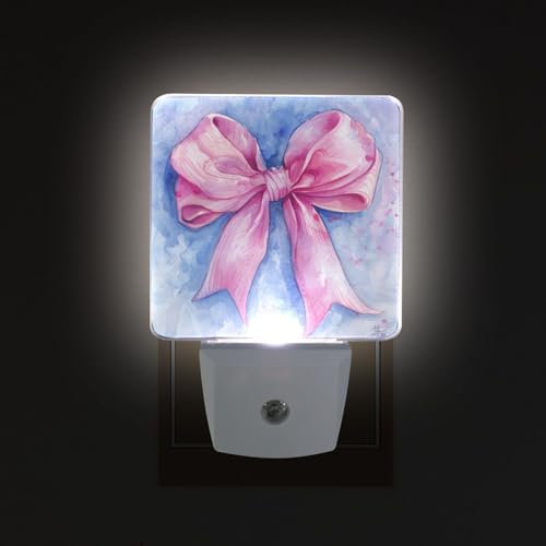 Image of Pink Bow Watercolor Night Lights 2 Pack Plug-in Wall Led Nightlight Auto Dusk-to-Dawn Sensor Lamps for Bedroom Kitchen Bathroom