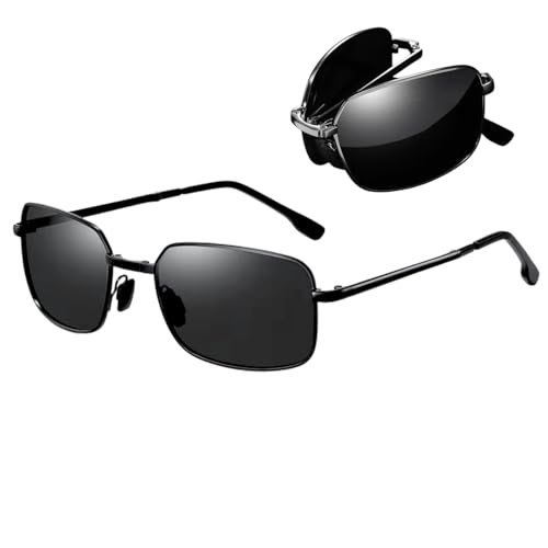 Image of Foldable UV Protected Polarized Rectangular Sunglasses for Men Women Stylish Metal Frame Shades Sun Glasses Lightweight Photochromic Square Night Driving Goggles