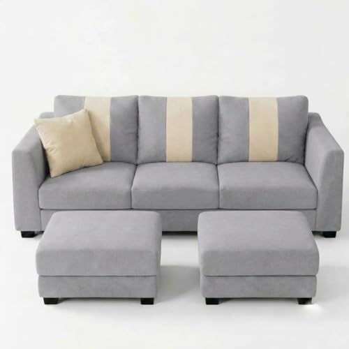 Image of Revo 5 Seater L Shape Sofa Set with 2 Movable Ottomans | Flexible Layout | Luxury Velvet Suede Fabric | Modern Living Room Sofa | Light Grey