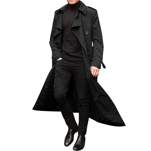 Muineobuka Mens Double Breasted Trench Coat Fshion Classic Lapel Casual Windbreaker Oversized Long Jacket Overcoat (Black M)