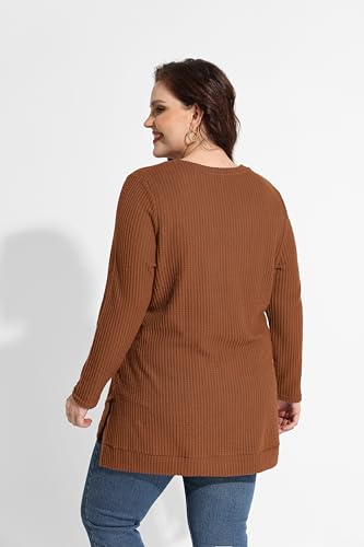 Image of RITERA Plus Size Women Sweaters Waffle Knit Pullover Top Long Sleeve Casual Crewneck Shirt Loose Split Hem Fall Winter Blouse