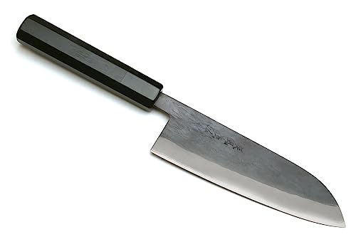 Yoshihiro Kurouchi Black-Forged Blue Steel Stainless Clad Santoku Multipurpose Knife Ebony Handle (6.5'' (165mm) & No Saya)