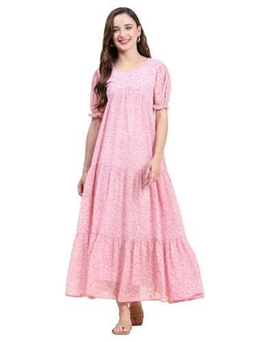 Toochki Women's Pink Georgette Floral Tiered Western Dress | Dress For Women | A Line Dress | Winter Dress | Western Dress | Latest Women Dress | Trendy Dress | Midi Dress