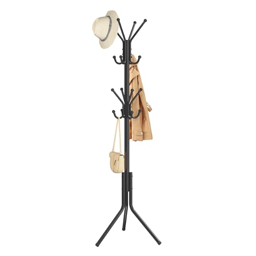 SONGMICS Coat Rack, Metal Coat Tree, Freestanding Organizer for Clothes, Bags, Hats, 175 cm Tall, 16 Hooks, for Entryway, Living Room, Bedroom, Ink Black RCR081BH01
