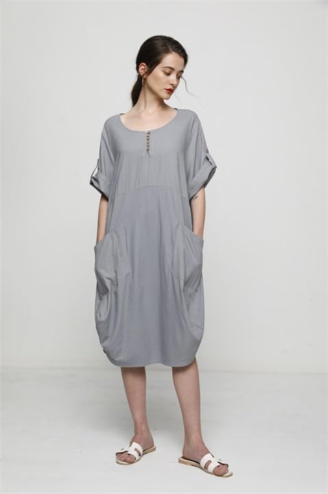 Image of LaovanIn Women's Plus Size Tunic Dress Summer Cotton Linen T Shirt Knee-Length Dresses
