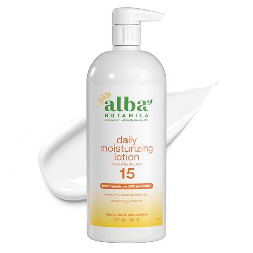 Alba Botanica Daily Moisturizing Lotion SPF 15, Normal to Dry Skin, with Shea Butter and Aloe, 32 Oz (Packaging May Vary)