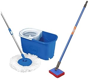 Gala Quick Spin Mop,Easy Wheels & Big Bucket with 2 Microfiber Refills(White and Blue)&Gala No Dust Floor Broom XL (Modular,1 Piece)&Gala - 151810 Scrubber with Long Handle (Multicolour)