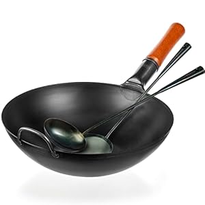 YOSUKATA Carbon Steel Flat Bottom Wok Pan 13,5“ with Pre-Seasoned Wok Utensils Set – Blue Carbon Steel 17-inch Wok Spatula, Wok Ladle, 3 pairs of Chopsticks – Woks and Stir Fry Pans