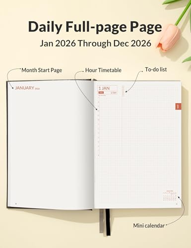 SUNEE 2026 Daily Planner A5 Hardcover – Hourly Schedule Organizer with Monthly Tabs & Task Tracker – Black Cover Time Management Notebook...