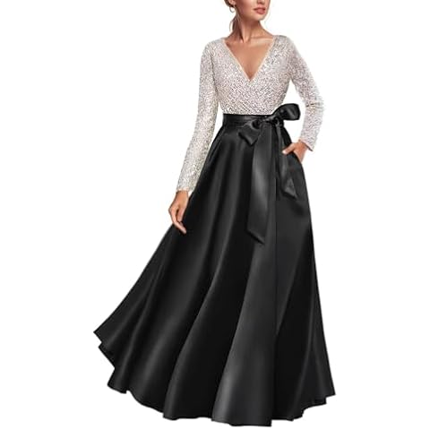 Caodip Womens Black Satin Evening Dresses with Sleeves Plus Size Sequin Floor Length Elegant Formal Prom Gowns for Evening Long Sleeves A Line Ball Gowns with Pockets US22W Cover