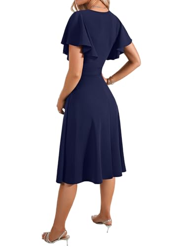Image of LYANER Women's Warp V Neck Ruffle Short Sleeve A Line Swing Flared Cocktail Party Midi Dress