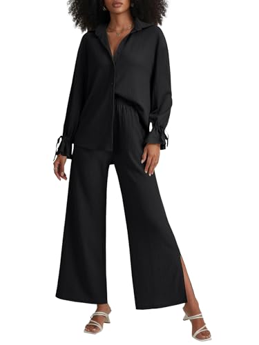 LYANER Women's 2 Piece Outfits Button Down Long Sleeve Shirt