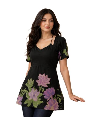 Image of Women's Floral Laila Cut Short Kurti Cotton V-Neck with Lining, Lightweight Short Sleeve Tunic, Breathable, Casual & Office Wear