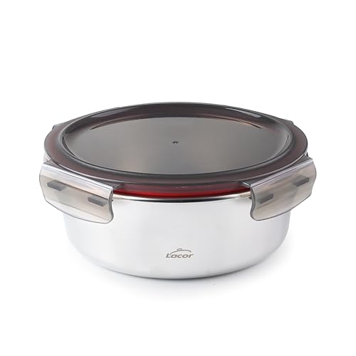 LACOR - 64615 - Recipiente para alimentos redondo Ecoinox, Acero inoxidable 18/10, 700 ml, Apto para microondas, horno, congelador y lavavajillas, Hermético, 4 Cierres de clip, BPA Free