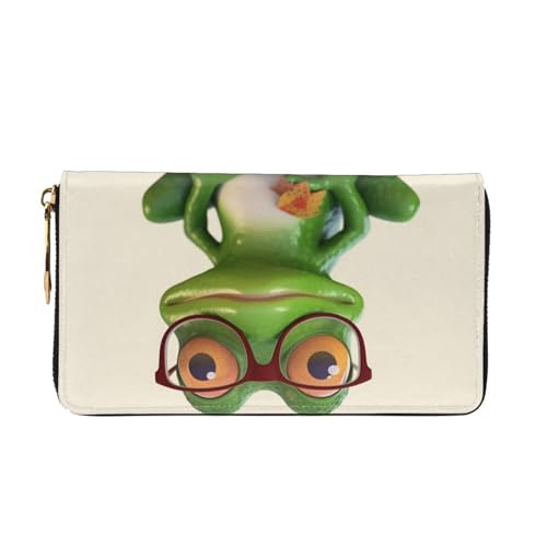 Leather Wallet for Women Men Bifold Wallet Ultra Slim Credit Card Holder Frog Wearing Glasses Ladies Clutch Purse3