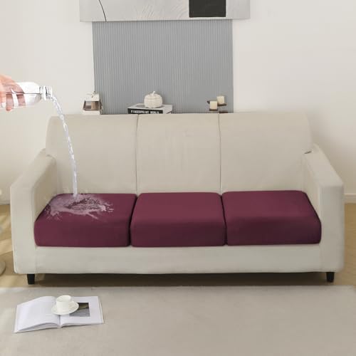 Image of HOKIPO 100% Waterproof Elastic Individual Seat Cushion Cover, 3-Piece Sofa Cushion Cover, Maroon (AR-5352-MRN*3)