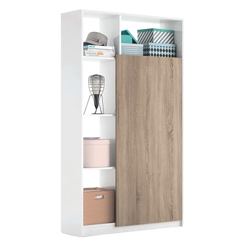 MUEBLES PITARCH | Armario Recibidor Entrada una Puerta con Barra Frontal para Colgar y estantería, Blanco Alto Brillo y Roble Cambrian,180x100x35 cm, Gran Capacidad, Moderno, Modelo Neo