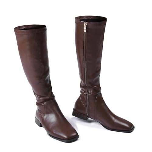 Image of GENSHUO Knee High Boots for Women Comfy Flat Heel Vintage Square Toe Fall Winter Solid Side Zipper Costume Knight Booties