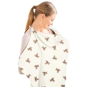 Aolso Stillbezug für Babys, Musselin-Stillbezug, Stilltuch für Unterwegs Stillschal Stillschürze, Weicher und Atmungsaktiver Stillschal, verstellbarer Riemen, Geeignet für Autositze (Einzelbär Weiß）