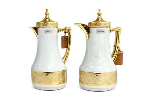GERMAX Arabic Coffee & Tea Serving Set – 2-Piece White and Gold Thermal Dallahs with Double-Wall Insulation
