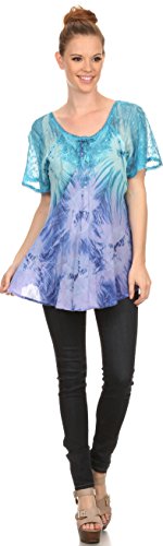 Image of Sakkas Taylay Ombre Tie Dye Batik Long Embroidered Corset Neck Blouse Shirt Top