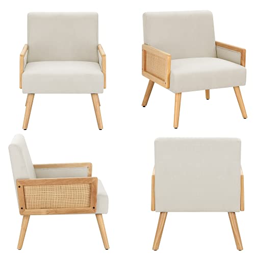 Mellcom Bamboo Knitting Upholstered Chair, Mid Century Modern Accent Chairs With Solid Wood Legs, Comfy Linen Fabric Armchair For Club, Living Room, Reading Room, Bedroom,Beige-26.4''W #TOP6
